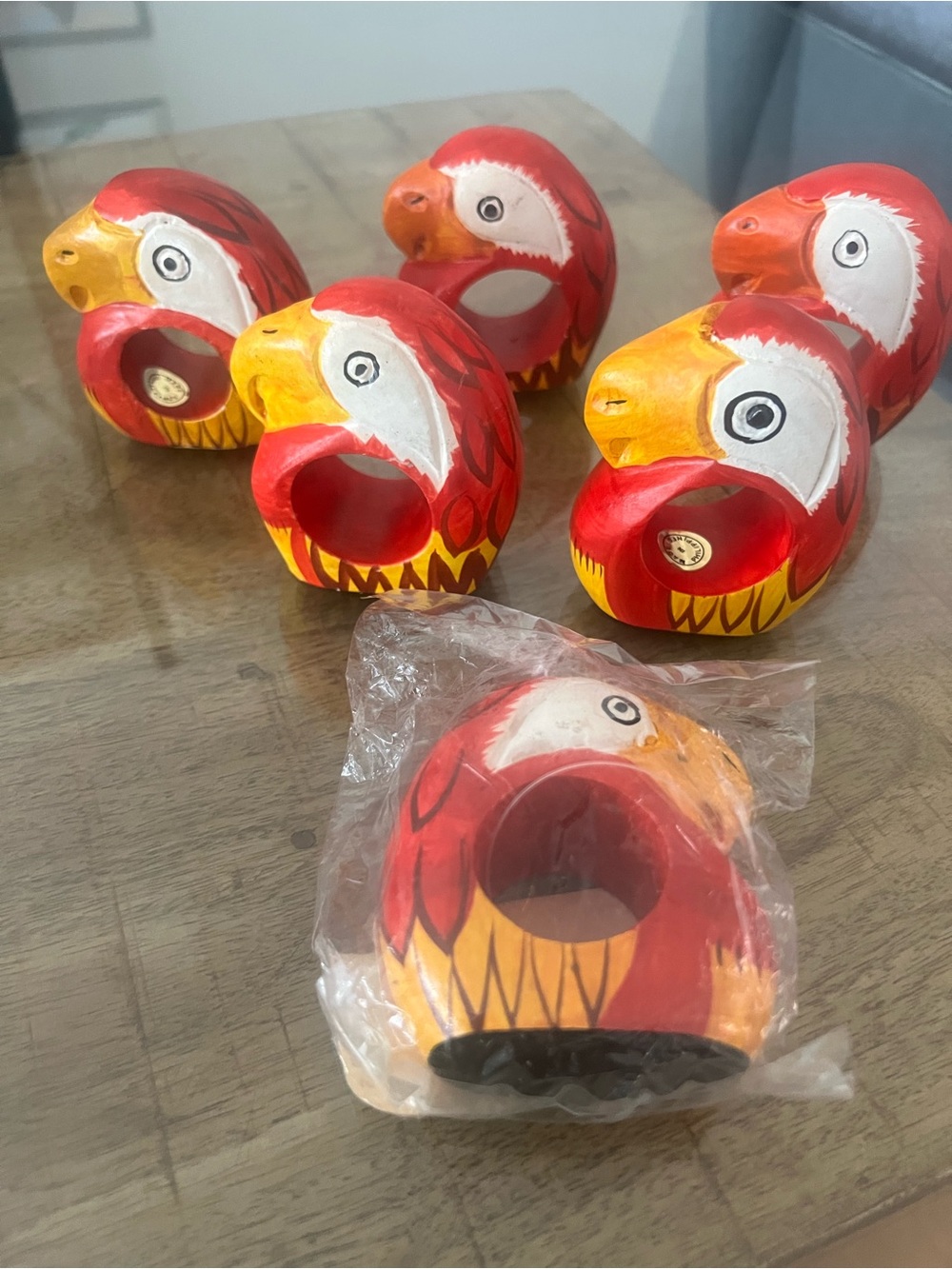 vintage hand carved painted parrot napkin rings set of 6 folk art wood tableware
